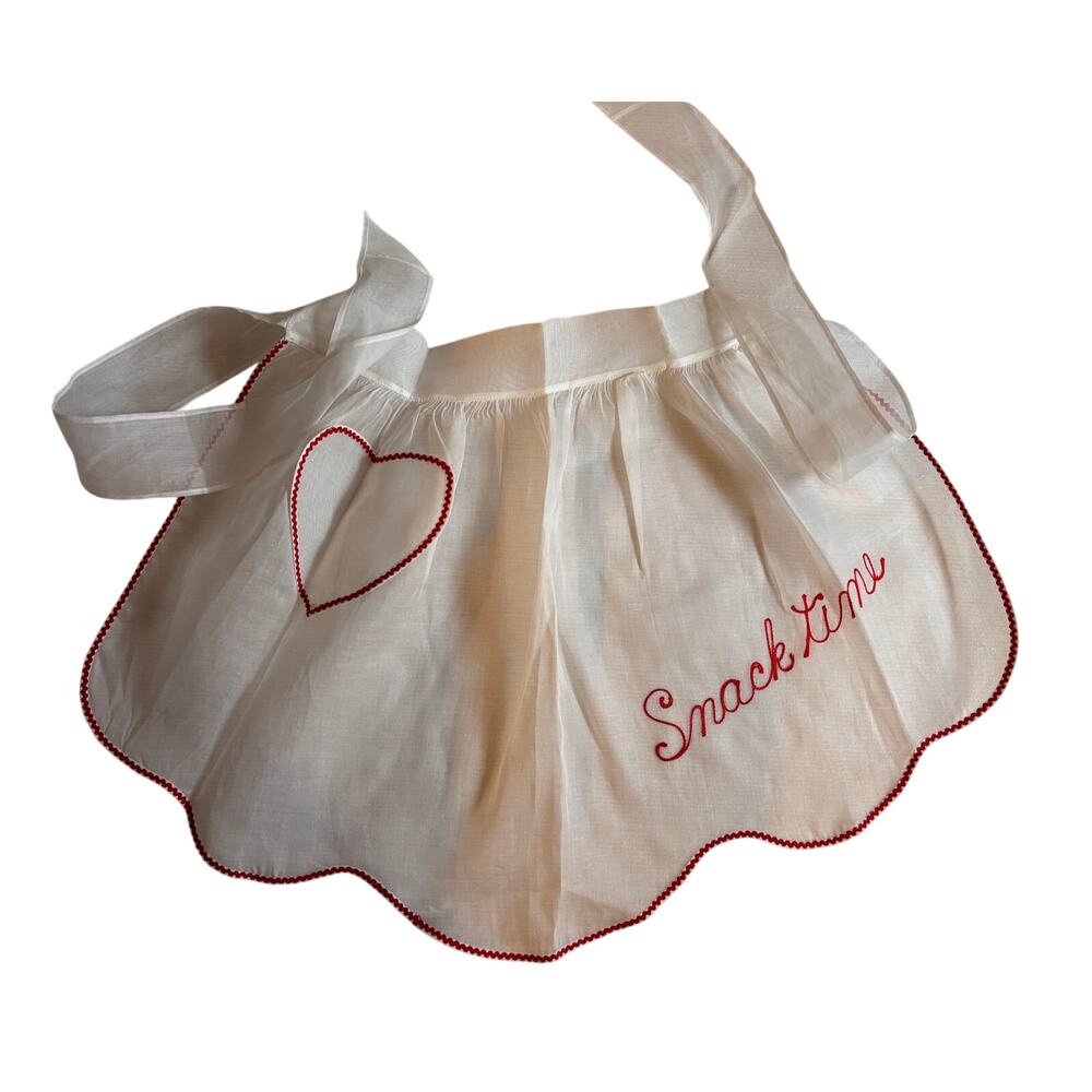 Vintage 1950s White Red Hostess Half Apron Housewife Scallop SNACK TIME Handmade